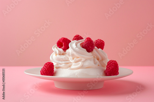 Pavlova dessert with raspberries on a pink background, cake, pastry