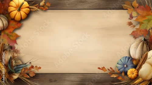 Autumn decorative vintage frame with yellow and orange leaves, pumpkins, ripe corn, mock-up. © junky_jess
