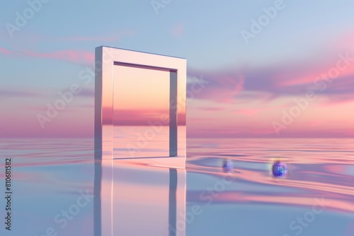A large, empty pool with a colorful wall and a colorful sky in the background