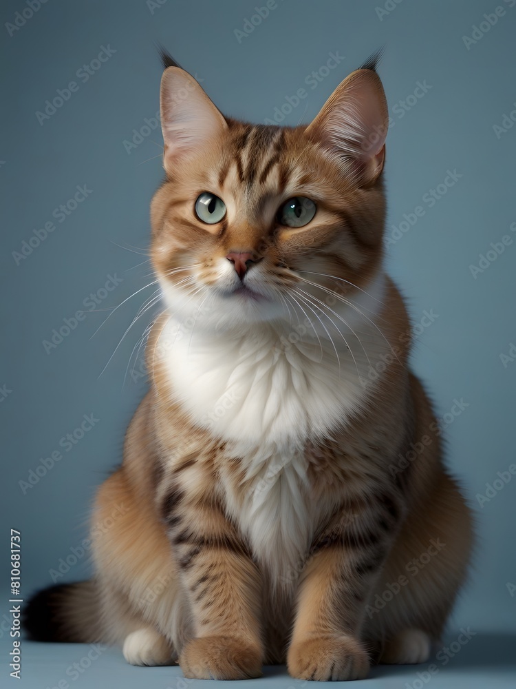 A Manx cat is sitting on a blue background. AI generated image