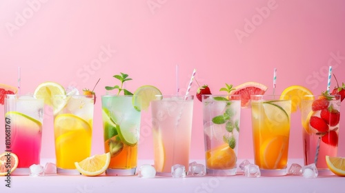 A row of colorful drinks with straws in them