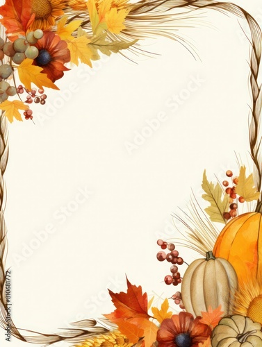 Autumn atmospheric diagonal vintage frame with yellow and orange leaves, pumpkins, flowers, mock-up, vertical image. © junky_jess