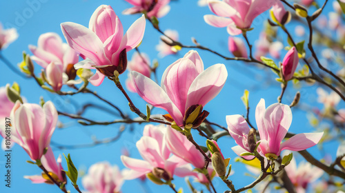 Tree branches with blooming Magnolia flowers on spring