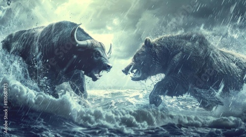 Bull and bear face off in a stormy environment, symbolizing financial market conflict photo