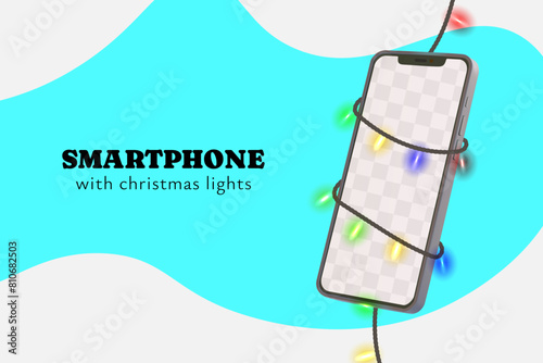 Realistic smartphone mockup with christmas colorful string lights wrapped around