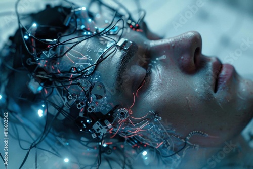 Cybernetic enhancements on a human, blending biology with technology