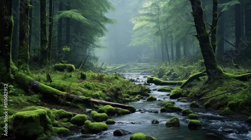 Foggy forest with moss-covered trees and a winding stream  