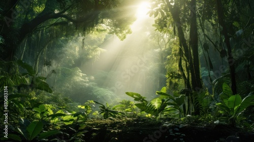 Lush green rainforest with sunlight streaming through the trees  
