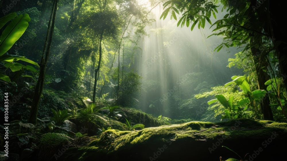 Lush green rainforest with sunlight streaming through the trees, 