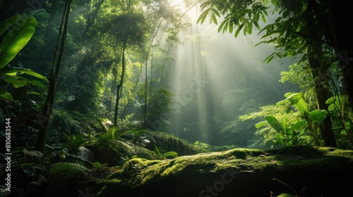 Lush green rainforest with sunlight streaming through the trees  