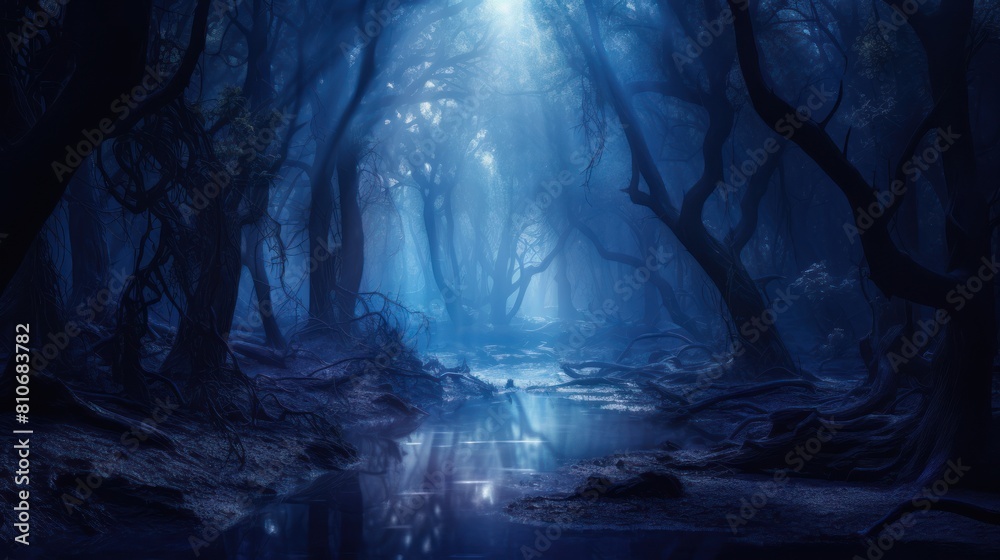 Mystical forest bathed in ethereal blue light, 