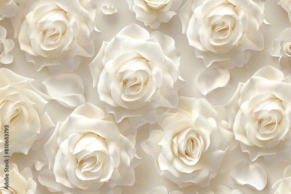 Elegant 3D white roses in a seamless pattern against a soft beige background, perfect for wedding stationery or luxurious wallpaper in bridal boutiques Elegant 3D white roses in a seamless pattern against a soft beige background, perfect for wedding stationery or luxurious wallpaper in bridal boutiques