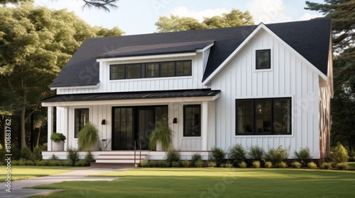 A charming modern farmhouse exterior with a welcoming porch, 