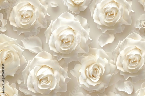 Elegant 3D white roses in a seamless pattern against a soft beige background  perfect for wedding stationery or luxurious wallpaper in bridal boutiques