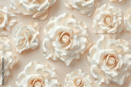 Elegant 3D white roses in a seamless pattern against a soft beige background, perfect for wedding stationery or luxurious wallpaper in bridal boutiques