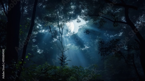 The moon illuminating a dense forest canopy  