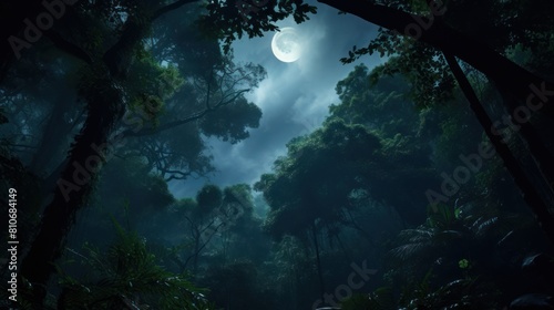 The moon illuminating a dense forest canopy, 