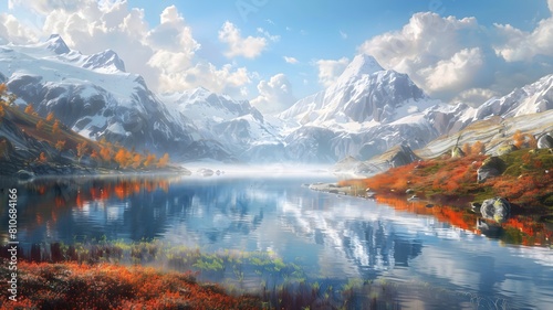  A tranquil lake nestled among snow-capped mountains, reflecting the towering peaks and colorful alpine meadows. . 
 photo