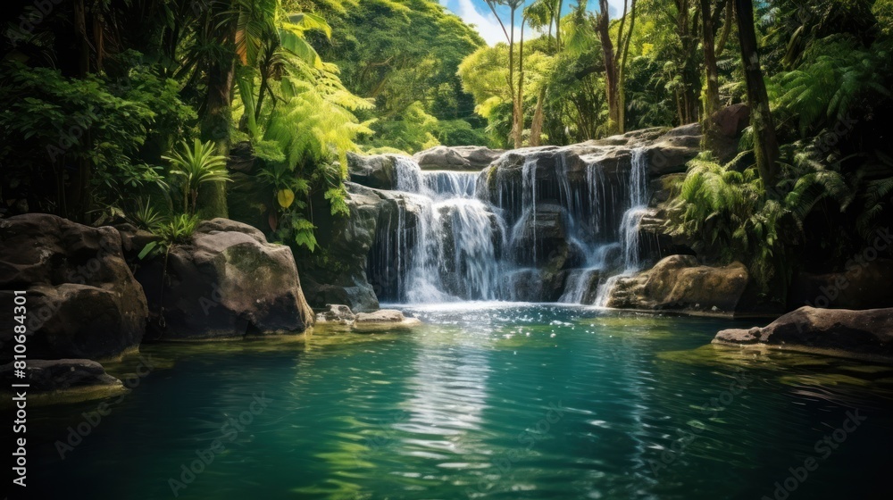 Tranquil waterfall cascading into pool surrounded by lush greenery, 