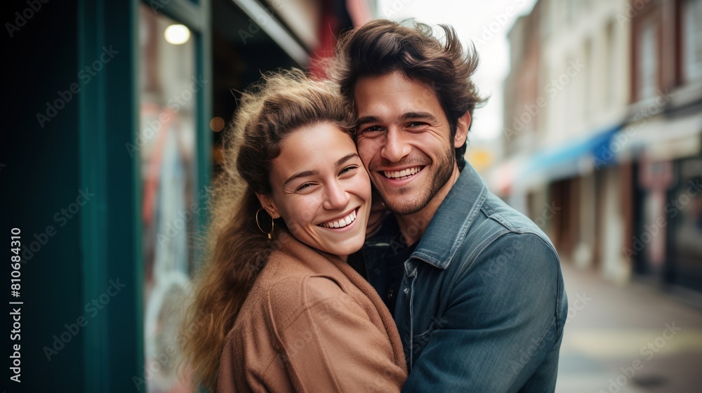 Young couple embracing and smiling at the camera, 