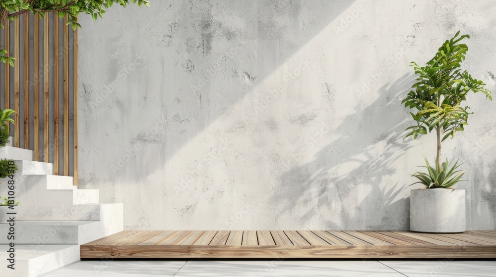 3d render of a modern minimal style exterior wooden balcony with empty concrete wall. 3d render of a modern minimal style exterior wooden balcony with empty concrete wall.