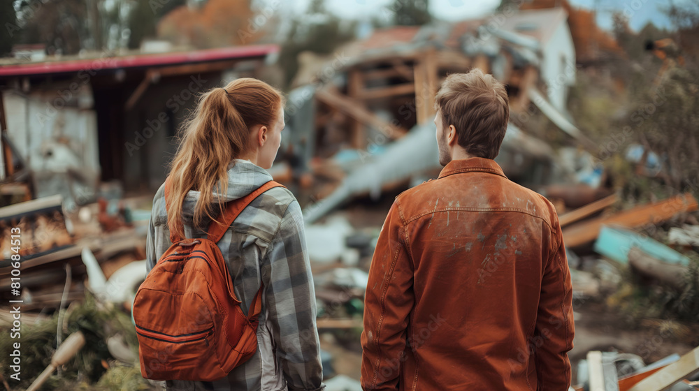 Couple surveys damage at a devastated site, reflecting on destruction