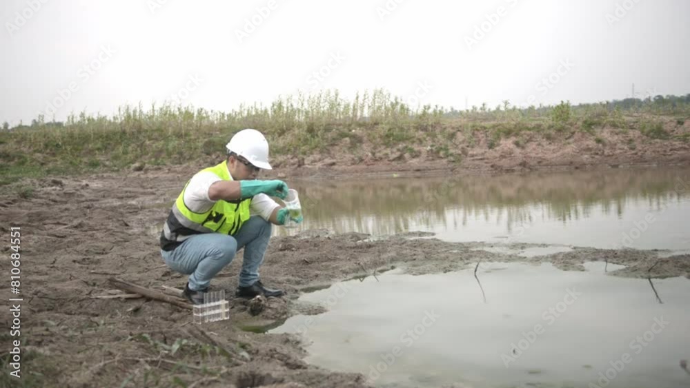 Environmental engineer Sit down next to a well and try to pouring the water from the plastic glass to the experiment tube to analysing check the quality and contaminants in the water source. Environmental engineer Sit down next to a well and try to pouring the water from the plastic glass to the experiment tube to analysing check the quality and contaminants in the water source.