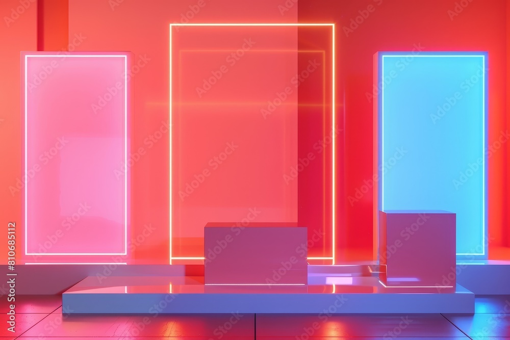 A neon-lit room with three white boxes and three red boxes A neon-lit room with three white boxes and three red boxes