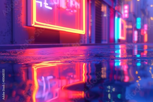 neon-lit city street with a neon sign above the street