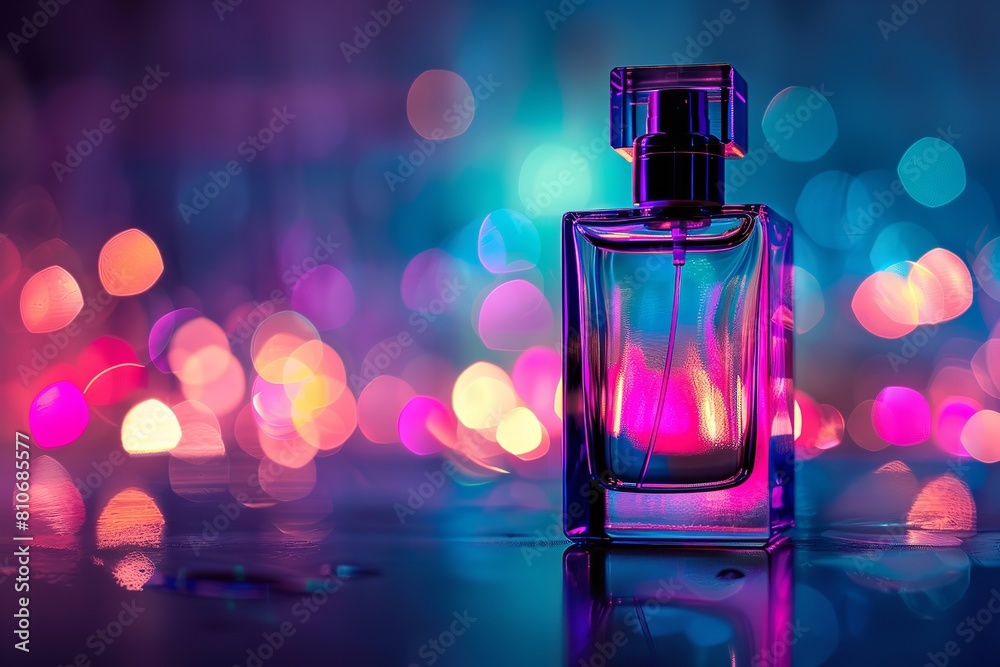 A perfume bottle is lit up in a vivid hue. Generative Ai A perfume bottle is lit up in a vivid hue. Generative Ai