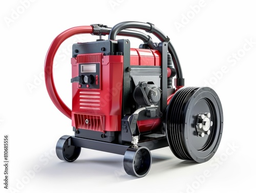 Air Compressor Portable air compressor, side view to highlight its components and utility in powering tools and inflating tires, isolated on white background.