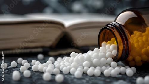 White homeopathic pills spilled from bottle with repertory book in background. Concept Homeopathic medicine, Health and wellness, Repertory book, Natural remedies, Alternative medicine