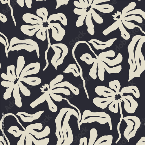 Monochrome black and white brush strokes inky flowers seamless pattern. Abstract floral contemporary background.