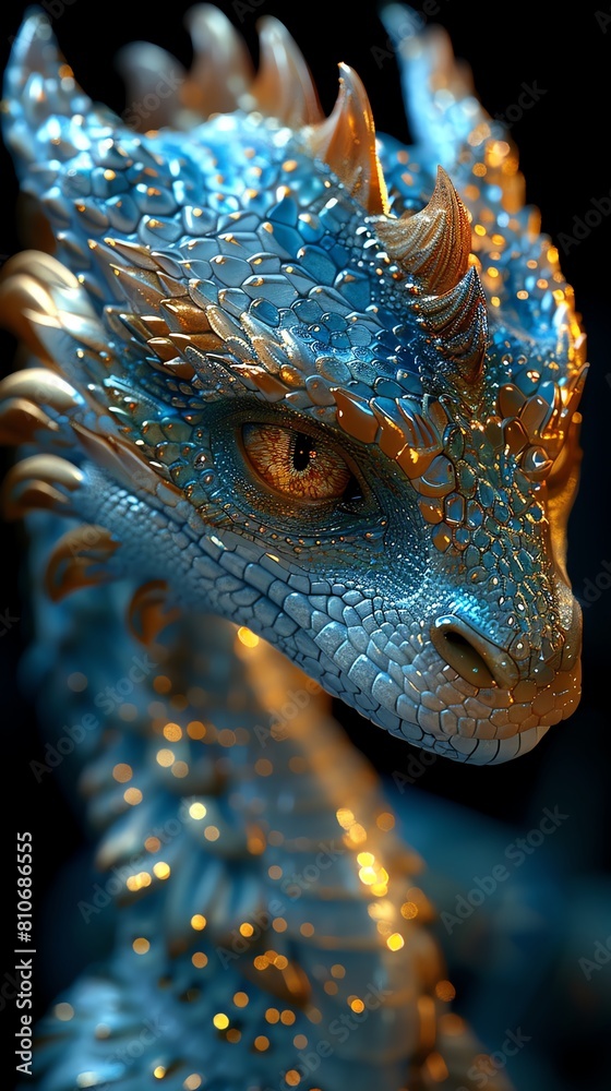 Illuminate a majestic Dragon in metallic, luminescent scales shimmering ...