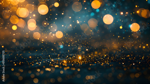 golden sparkling bokeh scattered across deep blue backdrop interplay light color creates vivid almost ethereal quality making excellent choice for backgrounds that convey celebration, luxury, or magic
