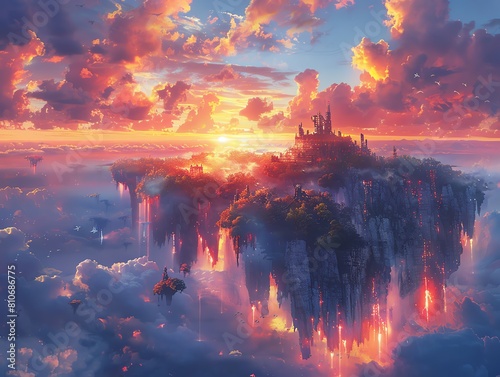 Paint a breathtaking scene of mystical floating islands suspended in a radiant sunset sky