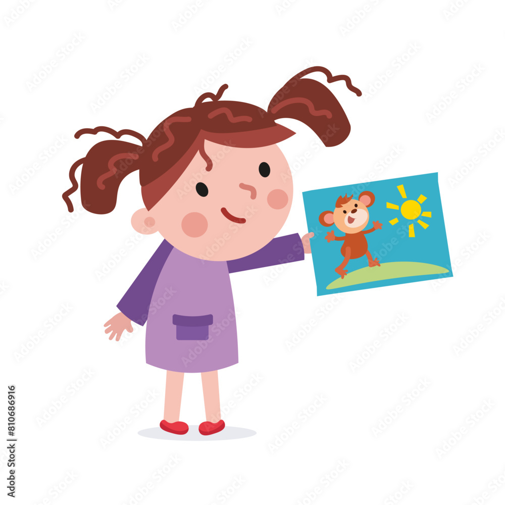Cute little girl with drawing in hand. Cartoon character. Isolated vector illustration on white background. Cute little girl with drawing in hand. Cartoon character. Isolated vector illustration on white background.