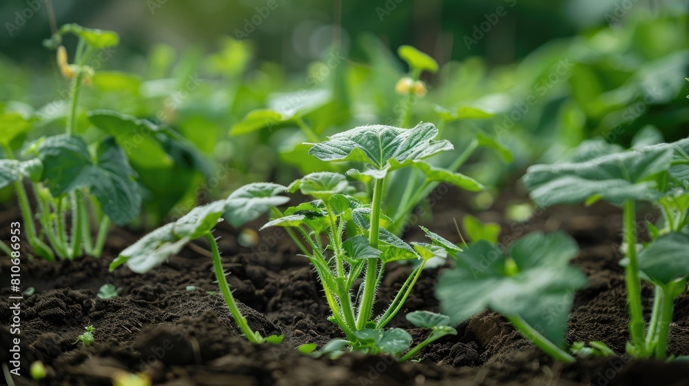 Young vegetable plants growing in rich soil. Close-up view of green sprouts in a garden Young vegetable plants growing in rich soil. Close-up view of green sprouts in a garden