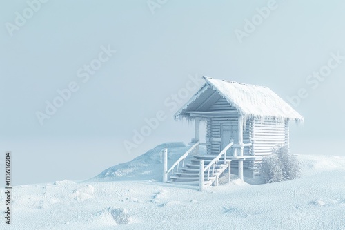 A small, snow-covered cabin sits on a hill in the middle of a snowy landscape