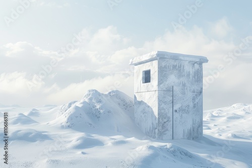 A small, snow-covered cabin sits on a hill in the middle of a snowy landscape © Phuriphat