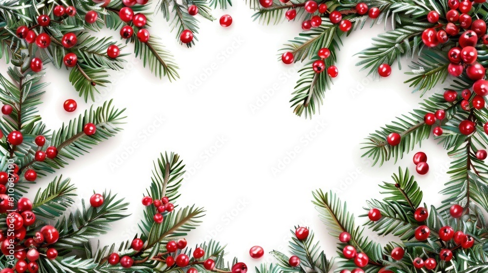 Christmas holly frame with red berries and green leaves on a white background. Christmas holly frame with red berries and green leaves on a white background.