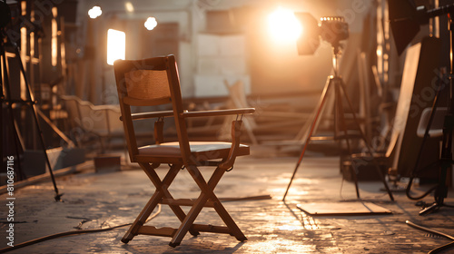 Warm golden light bathes old-style film set featuring classic director's chair vintage camera equipment capturing nostalgic moment of cinematic history anticipation and behind-the-scenes intrigue. photo