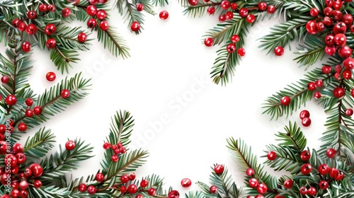 Christmas holly frame with red berries and green leaves on a white background.