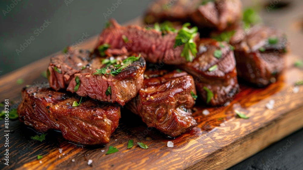 Juicy grilled pork chops on wooden cutting board with fresh herbs. Juicy grilled pork chops on wooden cutting board with fresh herbs.