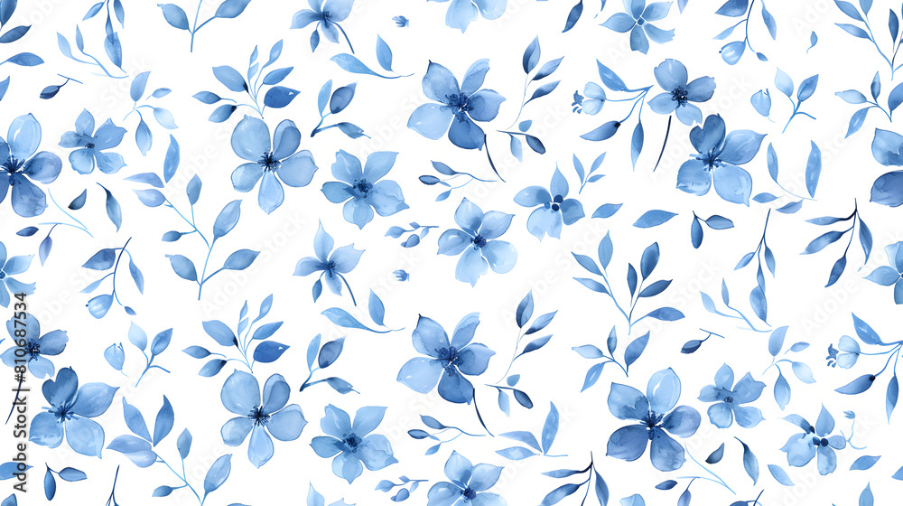 seamless pattern freshness spring soft watercolor blue flowers foliage distributed elegantly across white background textiles, wallpapers spring-themed decor that seeks a gentle airy aesthetic. seamless pattern freshness spring soft watercolor blue flowers foliage distributed elegantly across white background textiles, wallpapers spring-themed decor that seeks a gentle airy aesthetic.