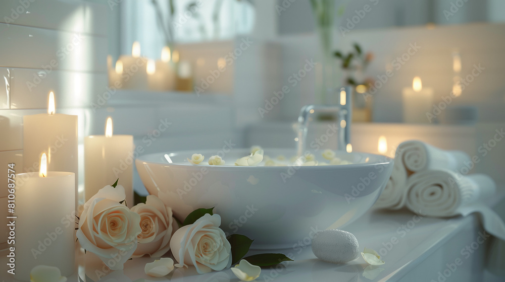 candles and rose in the washroom sink