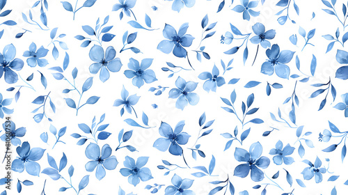 seamless pattern freshness spring soft watercolor blue flowers foliage distributed elegantly across white background textiles, wallpapers spring-themed decor that seeks a gentle airy aesthetic.