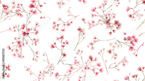 seamless pattern delicate pink floral sprigs scattered across pristine white background embodying gentle graceful aesthetic springtime fabrics, elegant wallpapers, and subtle home decor.