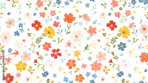 vibrant and colorful seamless pattern cheerful array of meadow flowers in multiple hues, spread across a white background uplifting textiles, wallpapers, and joyful decor projects
