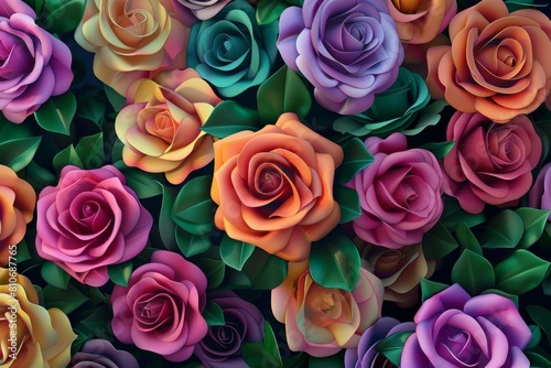 Vibrant, multicolored 3D roses arranged in a seamless pattern, creating a lively and engaging template for spring fashion or floral stationery designs